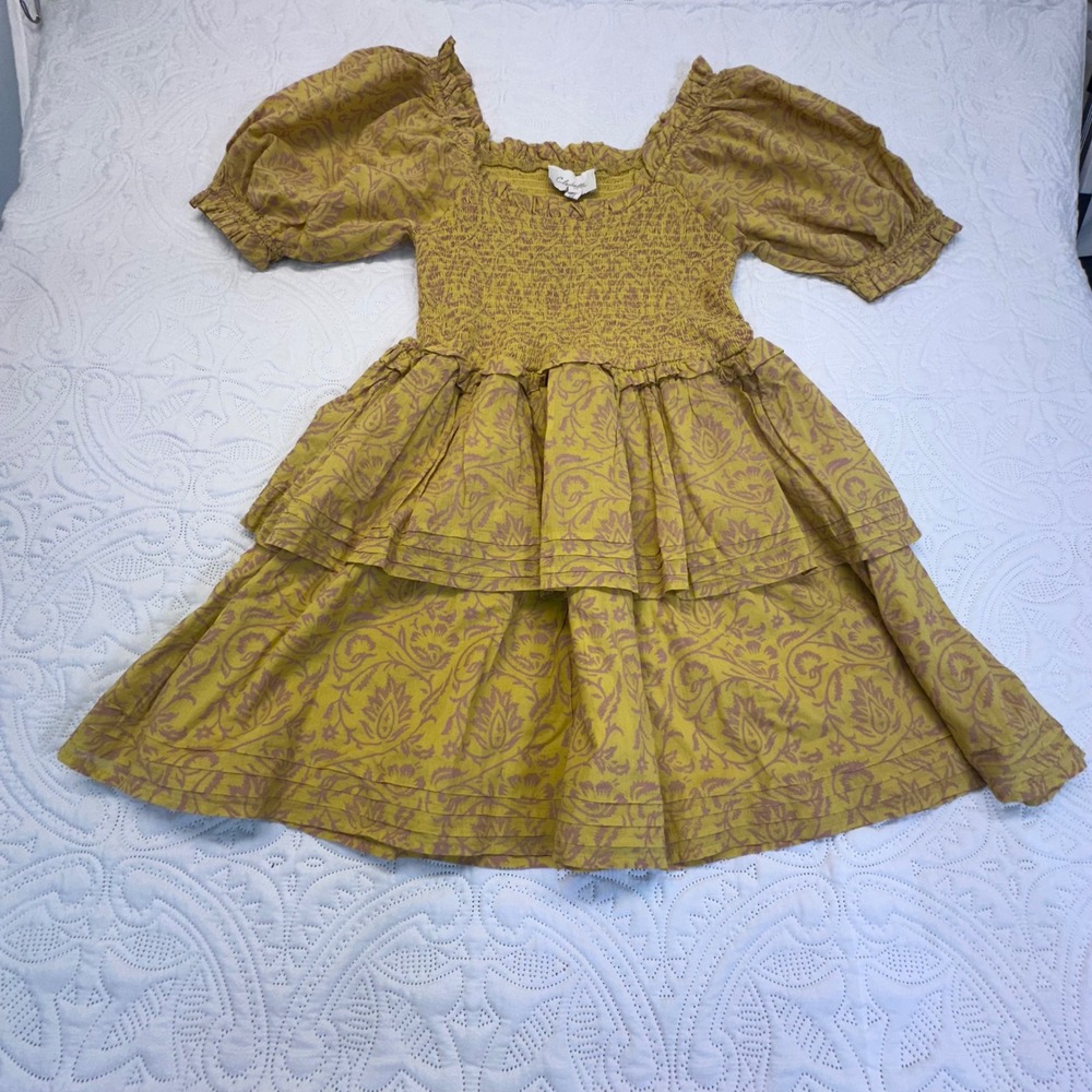 Cleobella Mustard Yellow Organic Cotton Smocked Floral Tiered Mini Dress XS